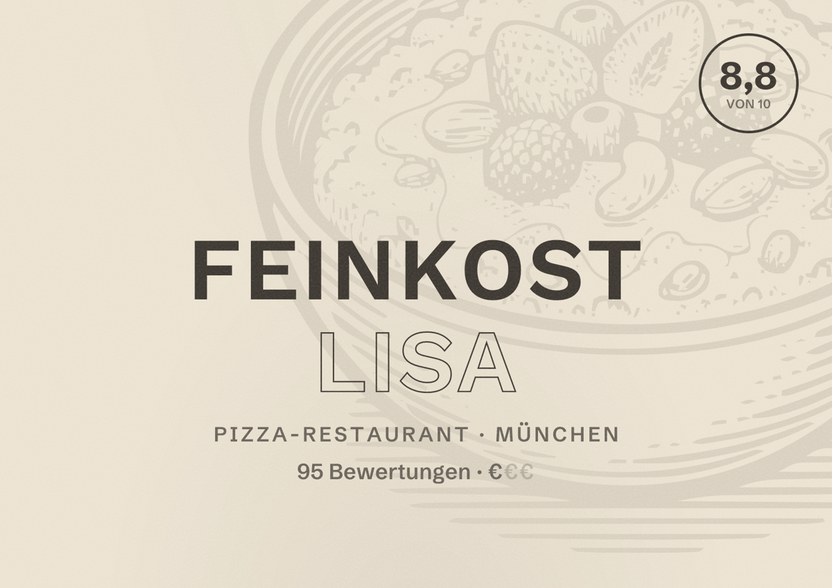 Illustriertes Poster von Feinkost Lisa, Pizza-Restaurant in München: Bewertung 8,8 von 10 aus 95 Bewertungen, Preisniveau €