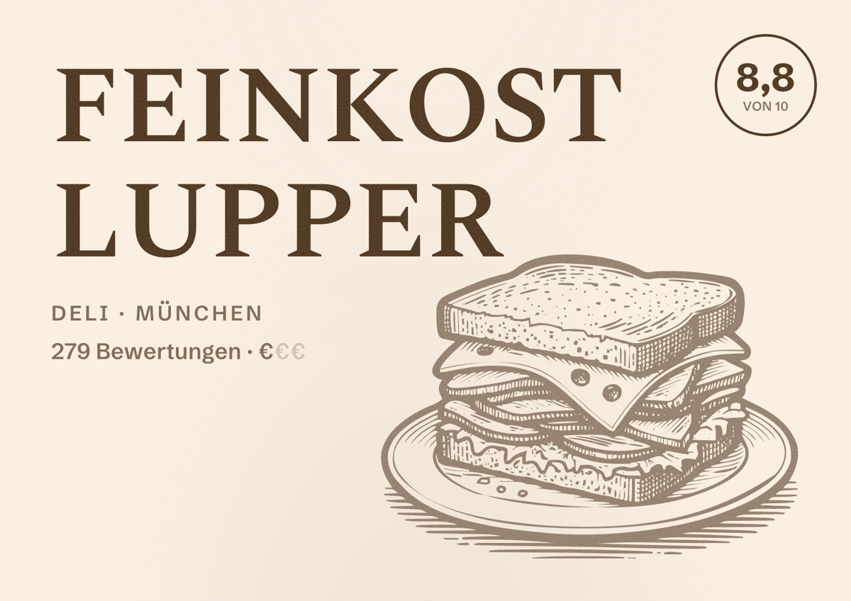 Illustriertes Poster von FEINKOST LUPPER, Deli in München: Bewertung 8,8 von 10 aus 279 Bewertungen, Preisniveau €