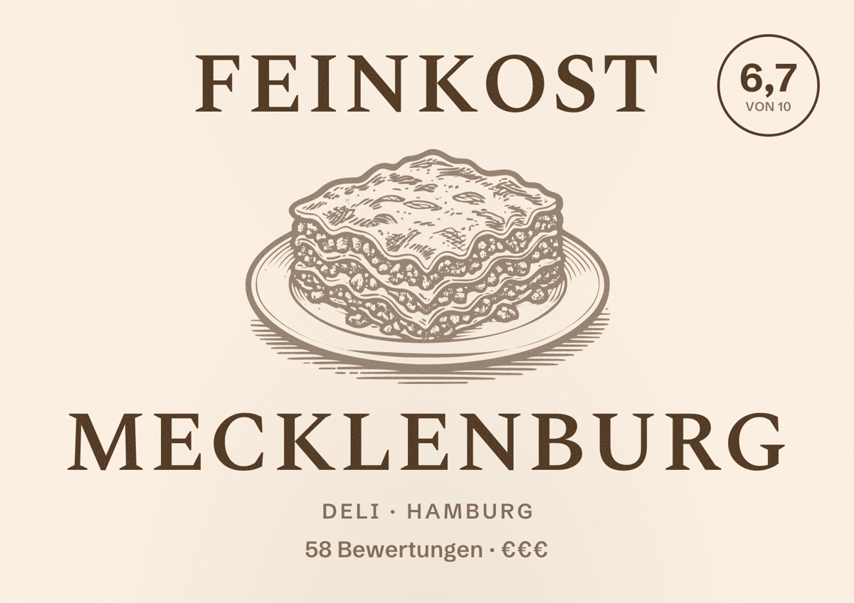 Illustriertes Poster von Feinkost Mecklenburg, Deli in Hamburg: Bewertung 6,7 von 10 aus 58 Bewertungen, Preisniveau €€€