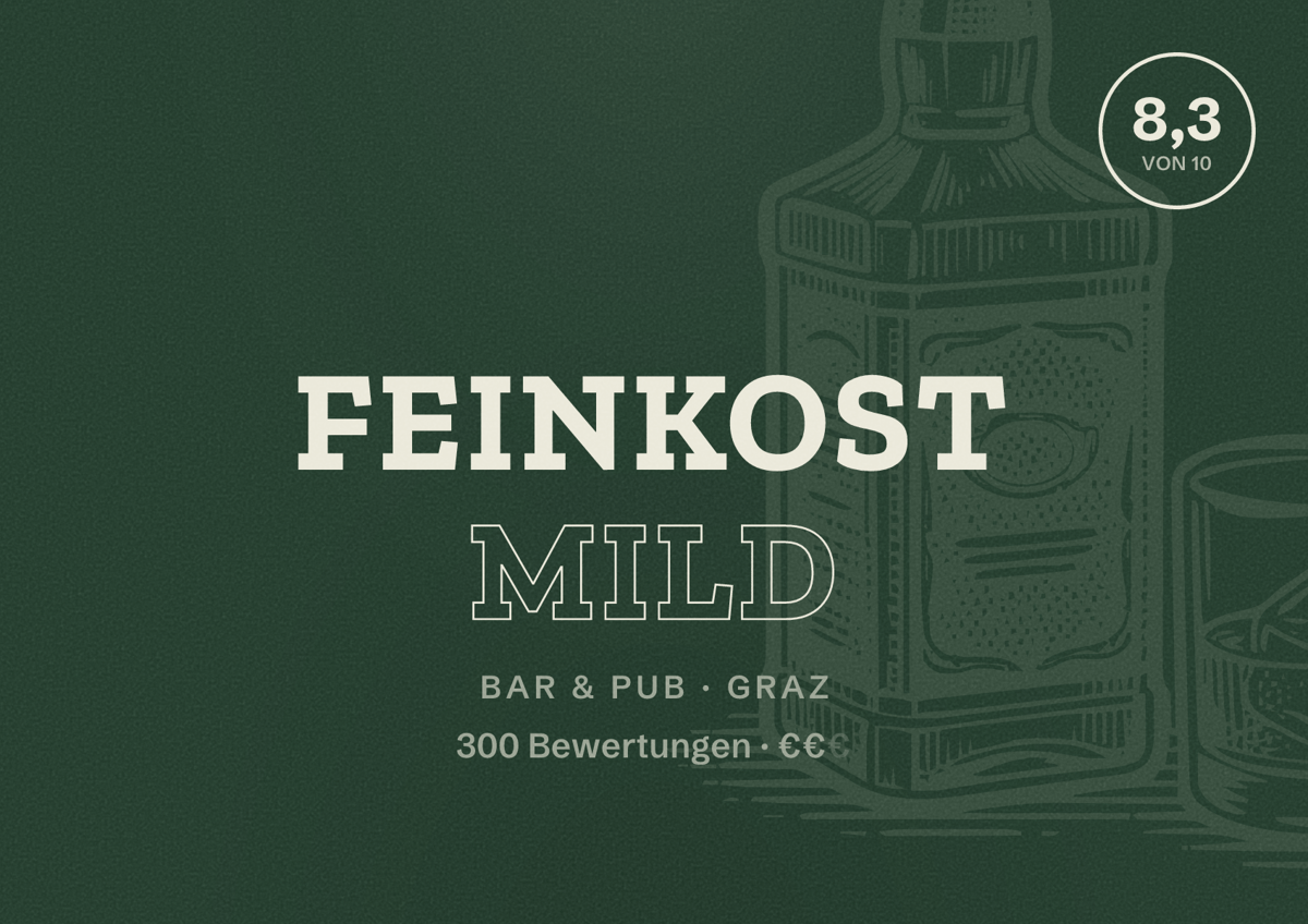 Illustriertes Poster von Feinkost Mild, Bar & Pub in Graz: Bewertung 8,3 von 10 aus 300 Bewertungen, Preisniveau €€