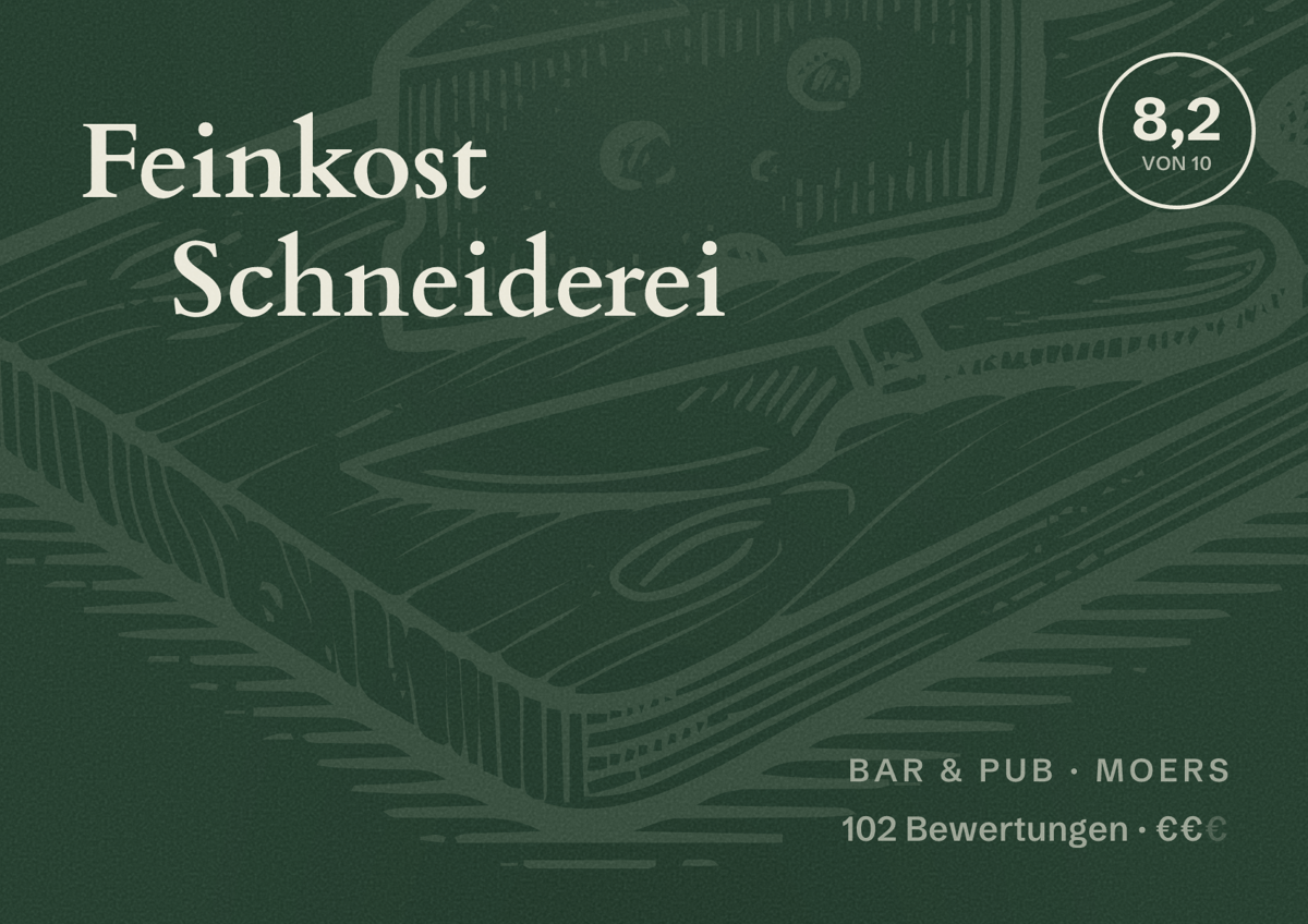Illustriertes Poster von Feinkost Schneiderei, Bar & Pub in Moers: Bewertung 8,2 von 10 aus 102 Bewertungen, Preisniveau €€