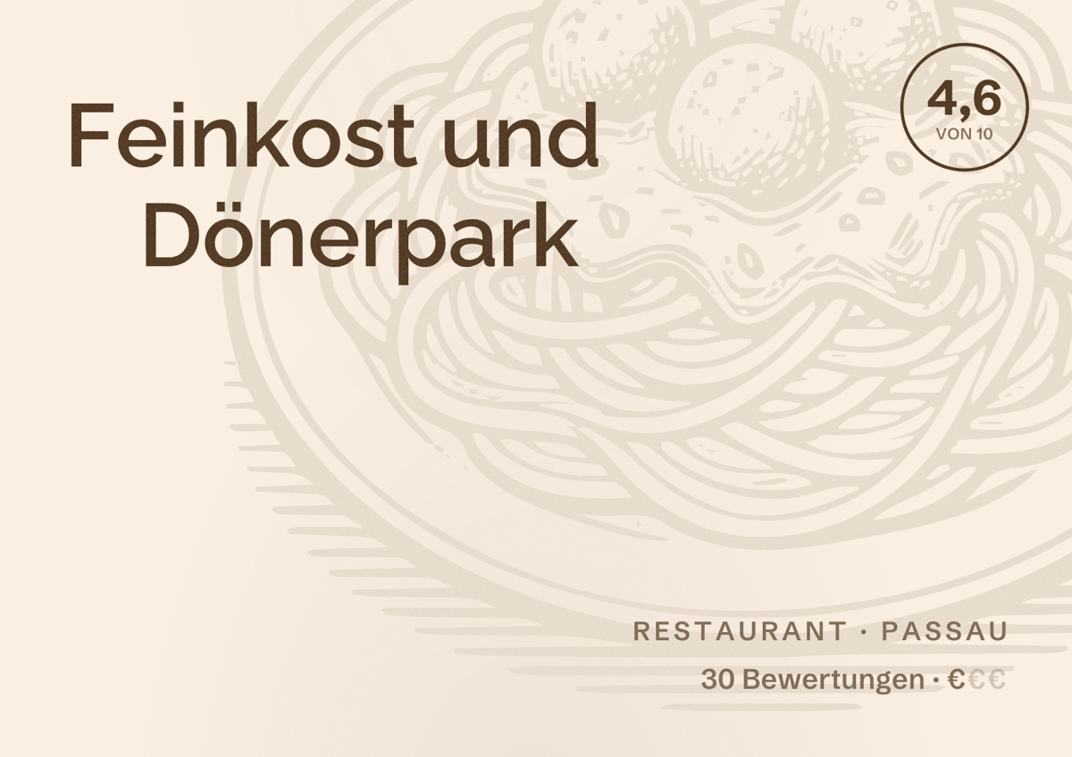 Illustriertes Poster von Feinkost und Dönerpark, Restaurant in Passau: Bewertung 4,6 von 10 aus 30 Bewertungen, Preisniveau €