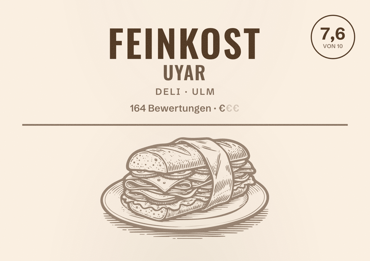 Illustriertes Poster von Feinkost Uyar, Deli in Ulm: Bewertung 7,6 von 10 aus 164 Bewertungen, Preisniveau €