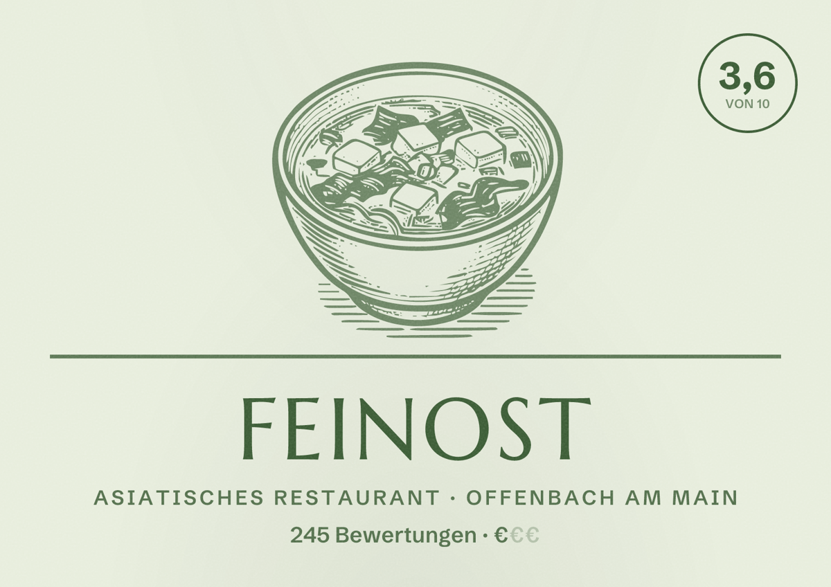 Illustriertes Poster von FeinOst, Asiatisches Restaurant in Offenbach am Main: Bewertung 3,6 von 10 aus 245 Bewertungen, Preisniveau €