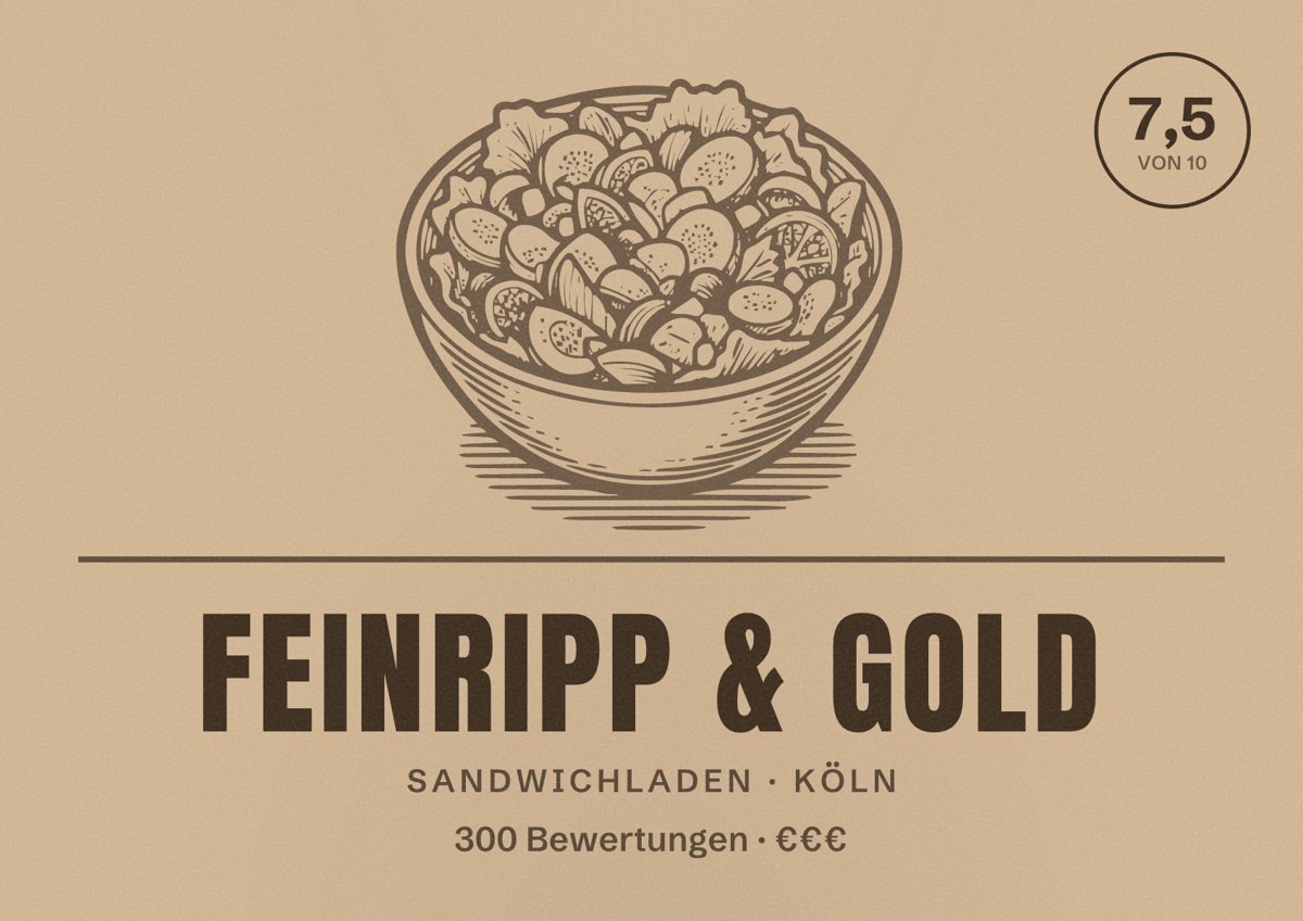 Illustriertes Poster von Feinripp & Gold, Sandwichladen in Köln: Bewertung 7,5 von 10 aus 300 Bewertungen, Preisniveau €€€