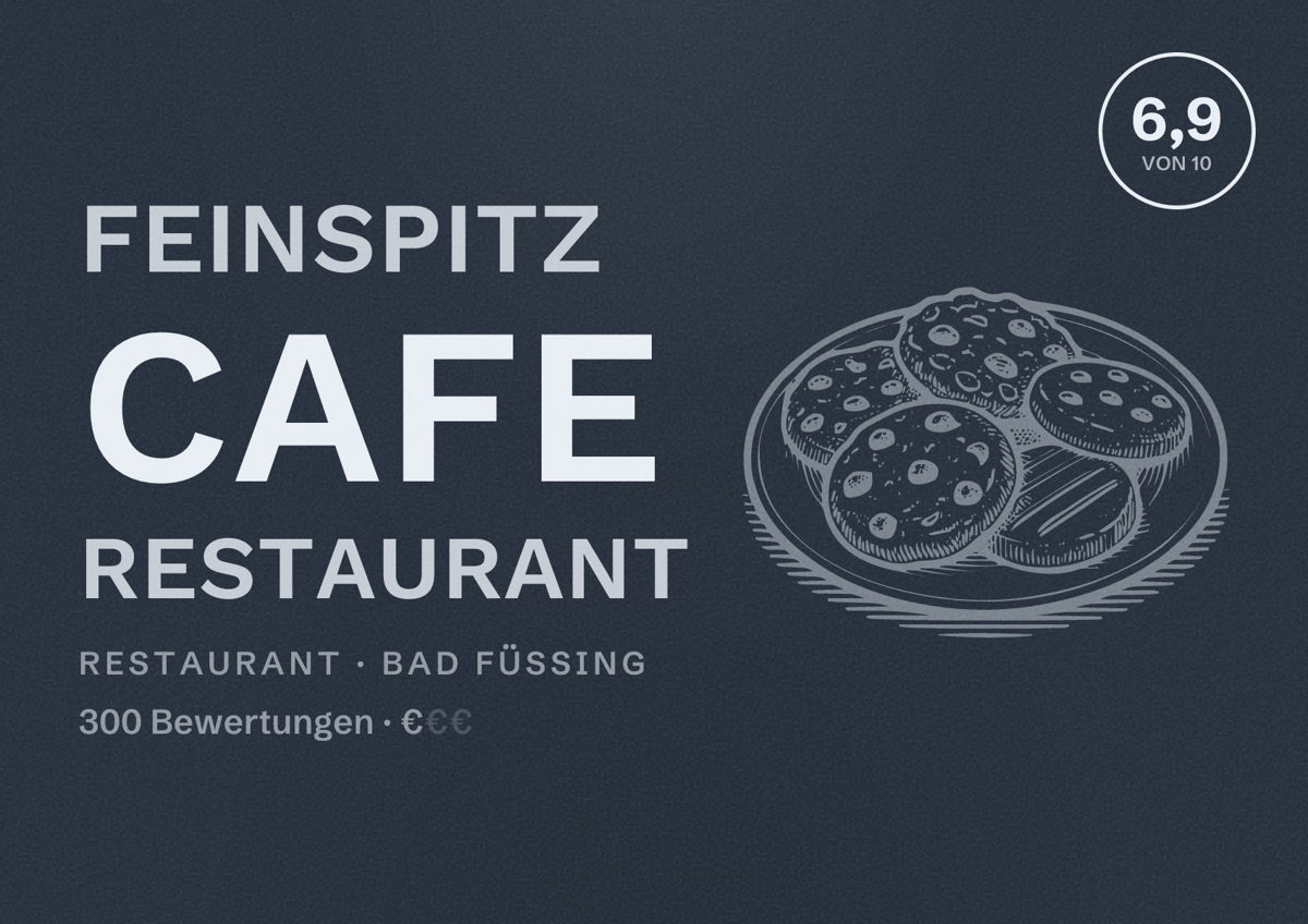 Illustriertes Poster von Feinspitz Cafe Restaurant, Restaurant in Bad Füssing: Bewertung 6,9 von 10 aus 300 Bewertungen, Preisniveau €