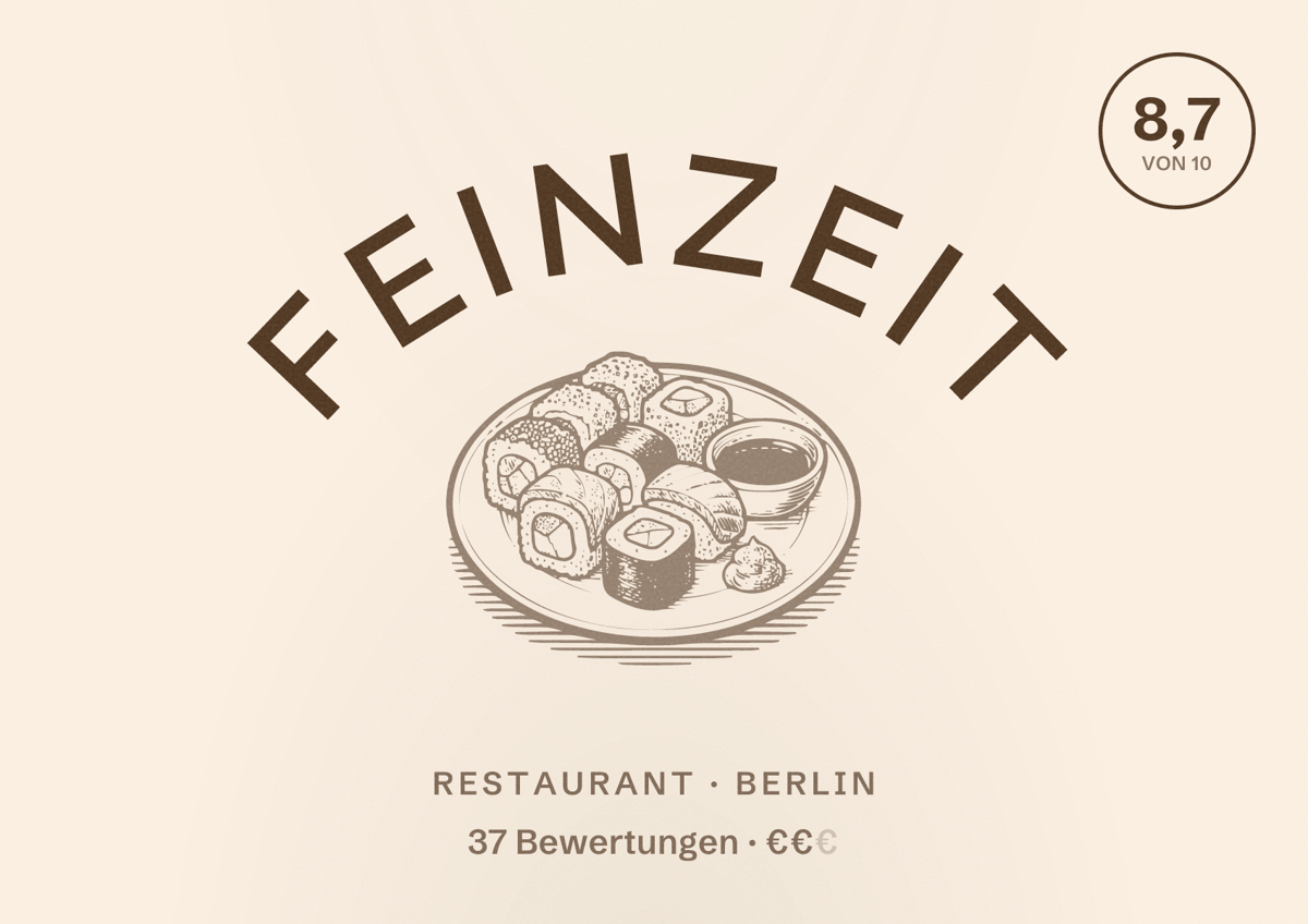 Illustriertes Poster von Feinzeit, Restaurant in Berlin: Bewertung 8,7 von 10 aus 37 Bewertungen, Preisniveau €€