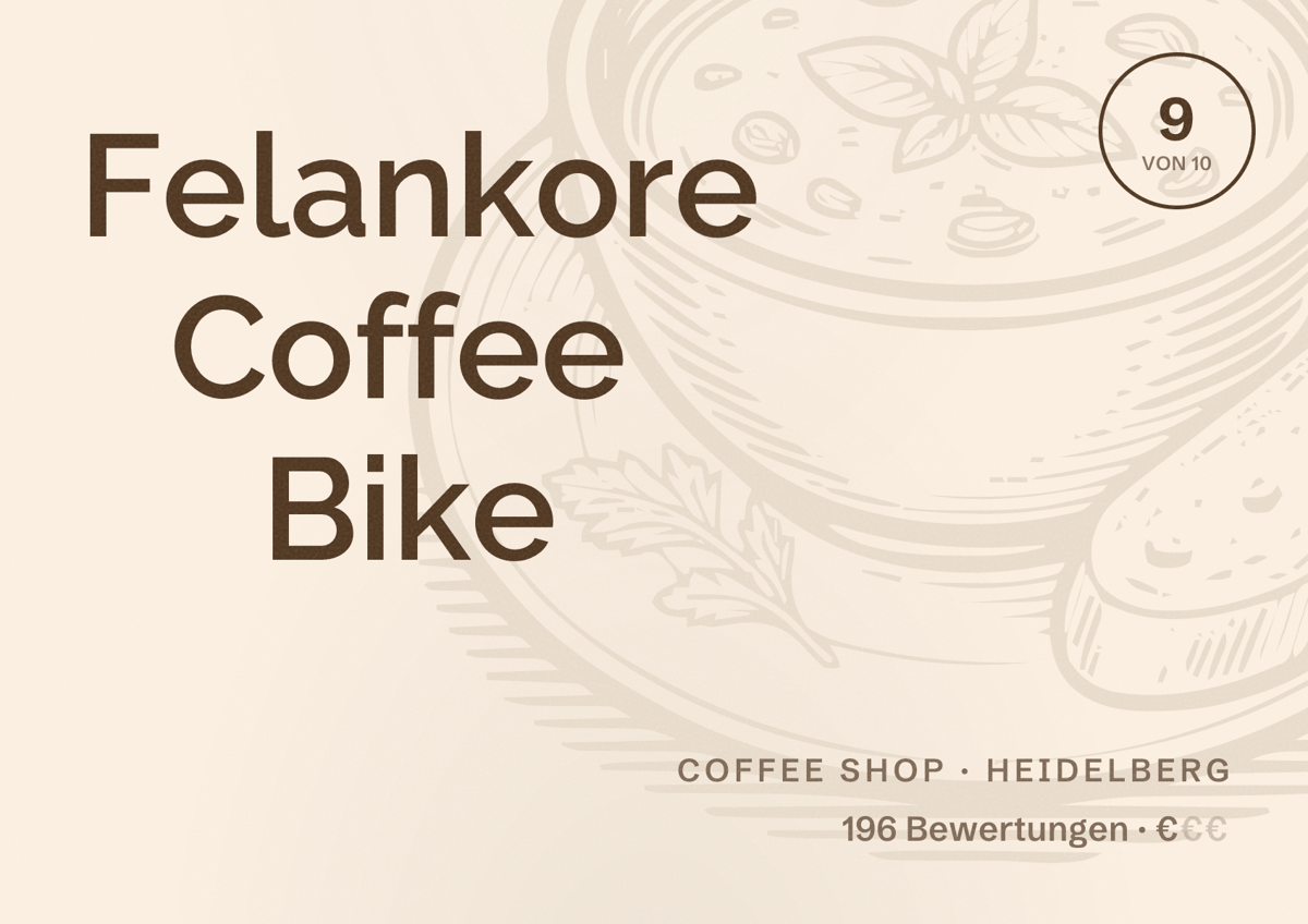 Illustriertes Poster von Felankore Coffee Bike, Coffee Shop in Heidelberg: Bewertung 9 von 10 aus 196 Bewertungen, Preisniveau €