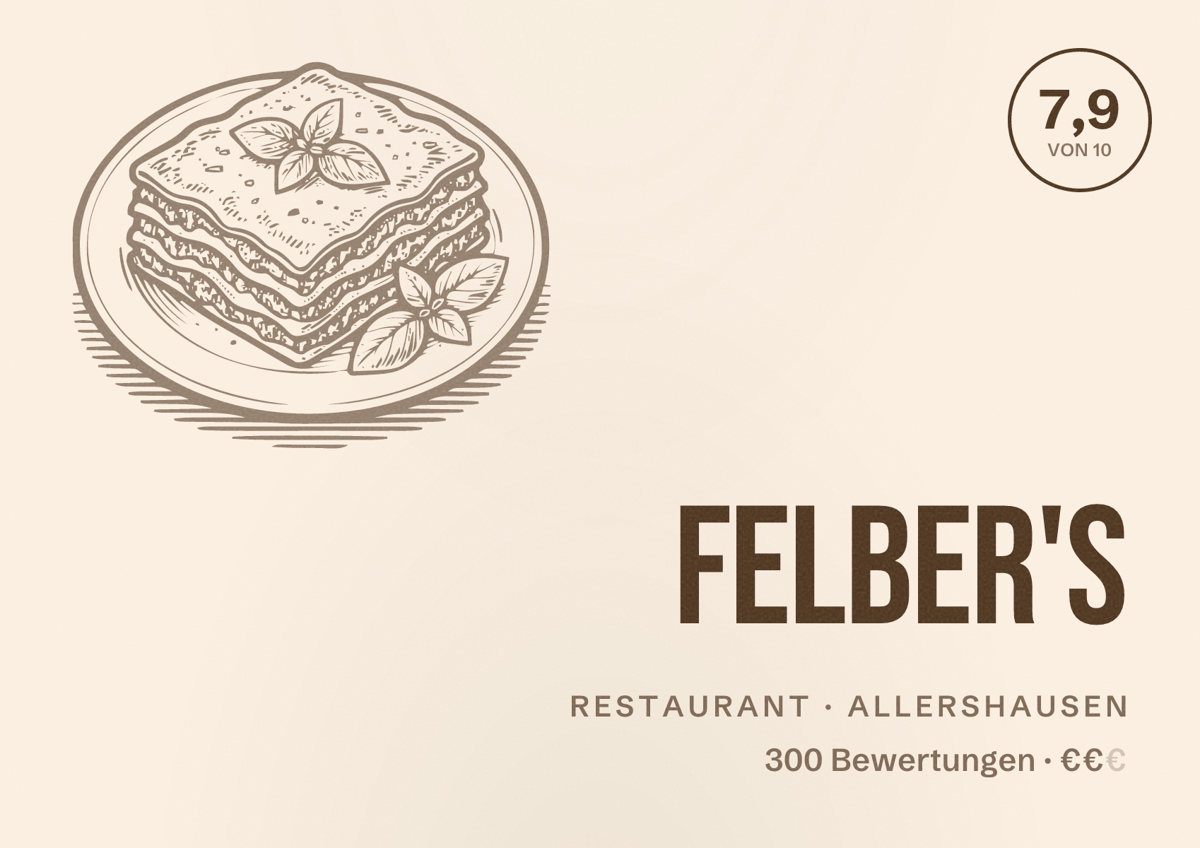 Illustriertes Poster von FELBER'S, Restaurant in Allershausen: Bewertung 7,9 von 10 aus 300 Bewertungen, Preisniveau €€