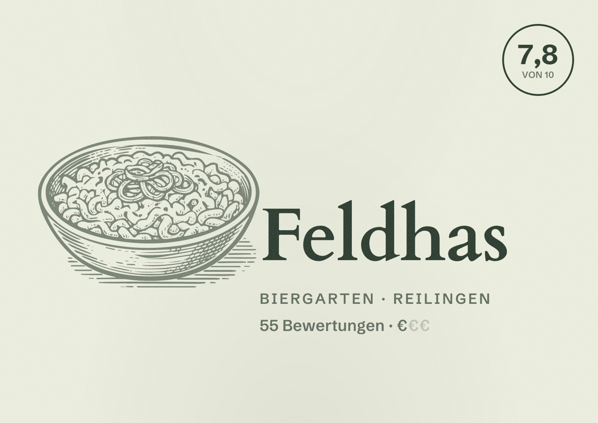 Illustriertes Poster von Feldhas, Biergarten in Reilingen: Bewertung 7,8 von 10 aus 55 Bewertungen, Preisniveau €