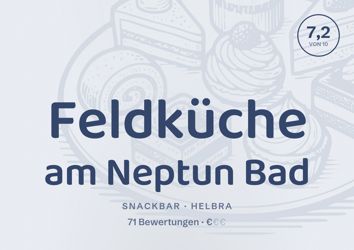 Illustriertes Poster von Feldküche am Neptun Bad, Snackbar in Helbra: Bewertung 7,2 von 10 aus 71 Bewertungen, Preisniveau €