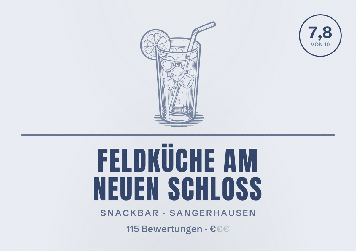 Illustriertes Poster von Feldküche am Neuen Schloß, Snackbar in Sangerhausen: Bewertung 7,8 von 10 aus 115 Bewertungen, Preisniveau €