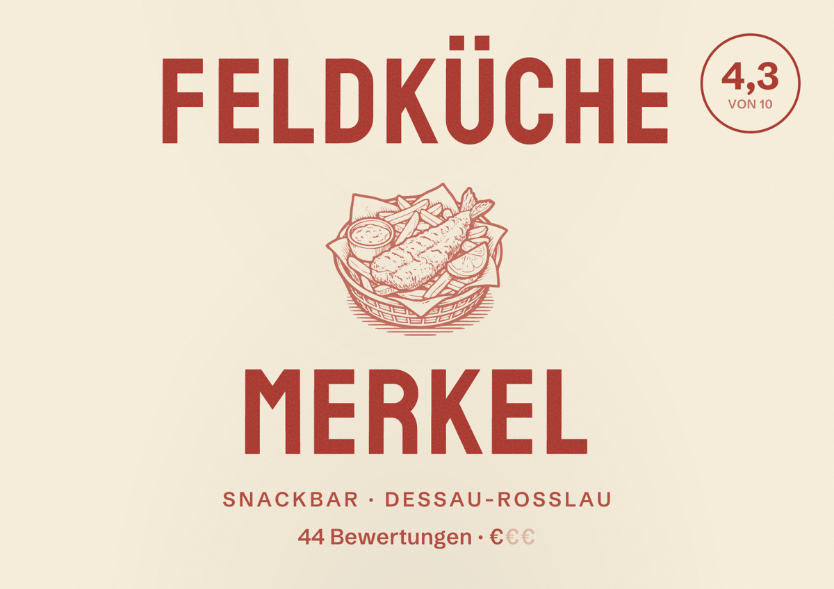 Illustriertes Poster von Feldküche Merkel, Snackbar in Dessau-Roßlau: Bewertung 4,3 von 10 aus 44 Bewertungen, Preisniveau €