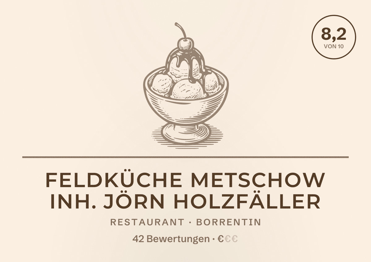 Illustriertes Poster von Feldküche Metschow Inh. Jörn Holzfäller, Restaurant in Borrentin: Bewertung 8,2 von 10 aus 42 Bewertungen, Preisniveau €