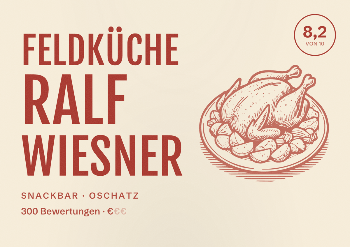 Illustriertes Poster von Feldküche Ralf Wiesner, Snackbar in Oschatz: Bewertung 8,2 von 10 aus 300 Bewertungen, Preisniveau €