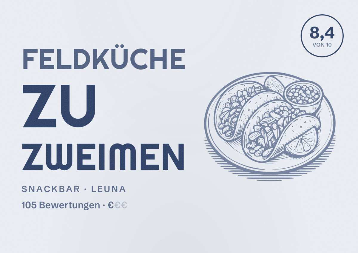 Illustriertes Poster von Feldküche Zu Zweimen, Snackbar in Leuna: Bewertung 8,4 von 10 aus 105 Bewertungen, Preisniveau €