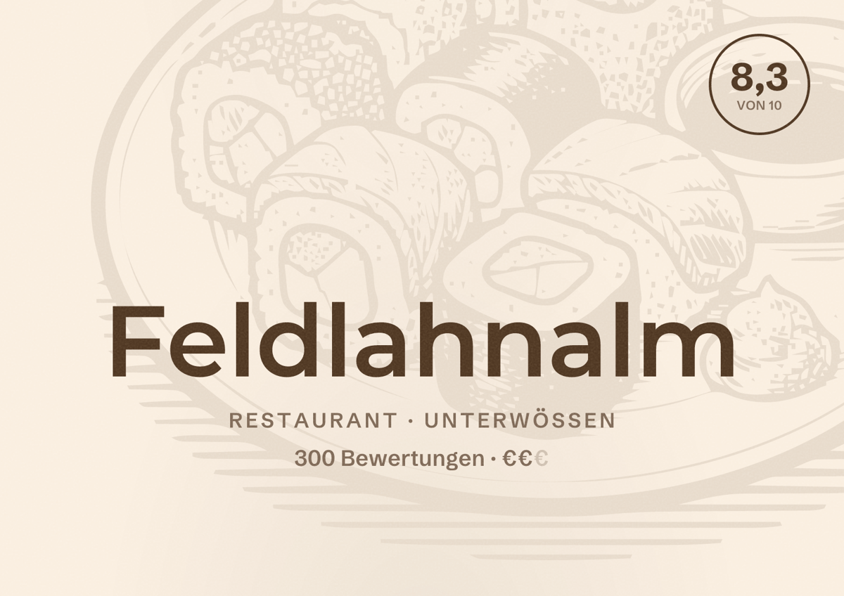 Illustriertes Poster von Feldlahnalm, Restaurant in Unterwössen: Bewertung 8,3 von 10 aus 300 Bewertungen, Preisniveau €€