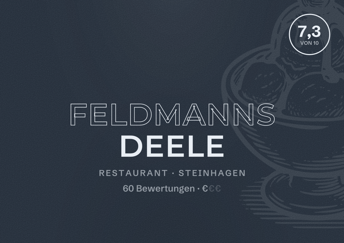 Illustriertes Poster von Feldmanns Deele, Restaurant in Steinhagen: Bewertung 7,3 von 10 aus 60 Bewertungen, Preisniveau €