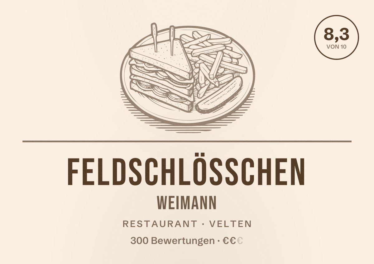 Illustriertes Poster von Feldschlösschen Weimann, Restaurant in Velten: Bewertung 8,3 von 10 aus 300 Bewertungen, Preisniveau €€