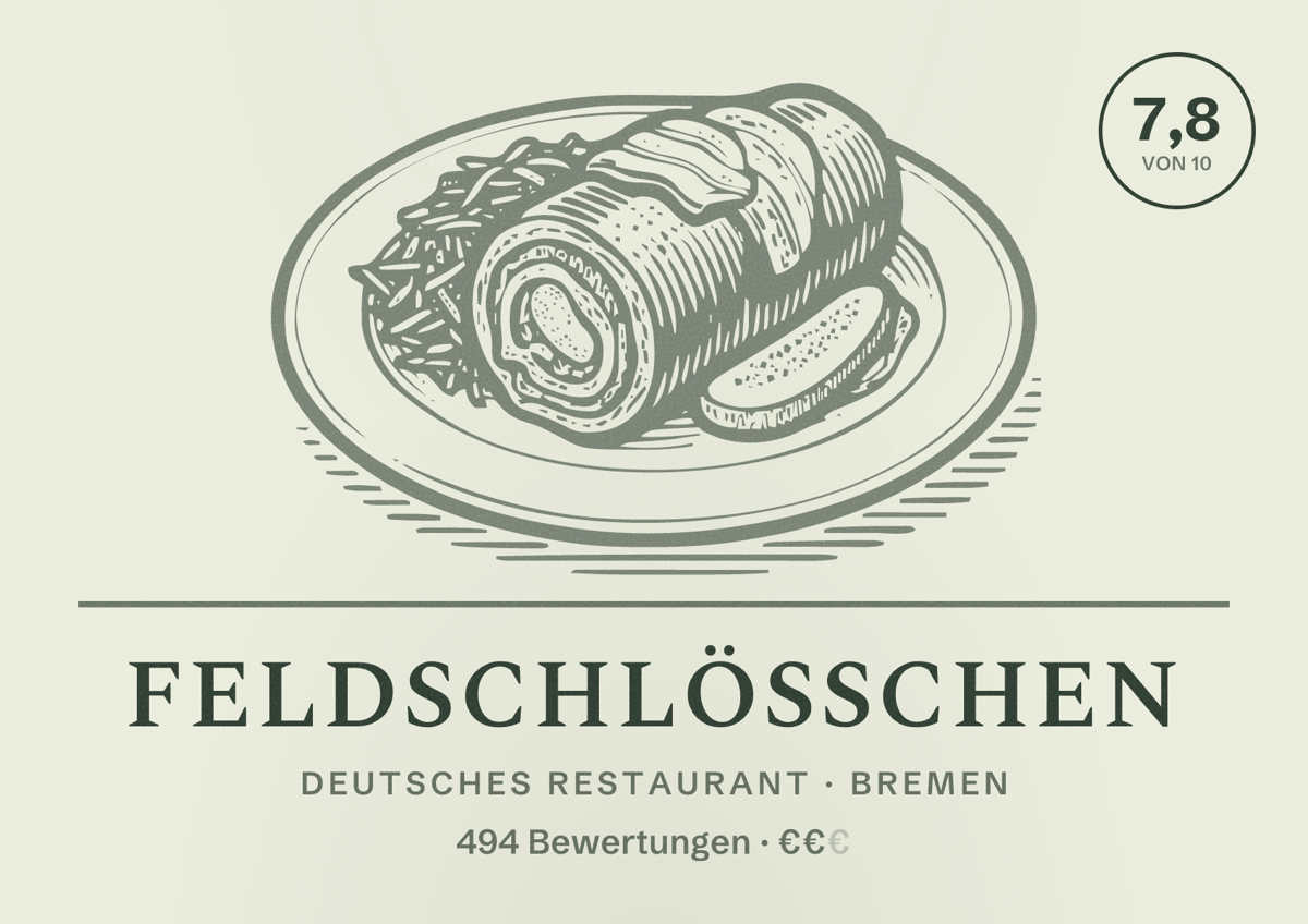 Illustriertes Poster von Feldschlösschen, Deutsches Restaurant in Bremen: Bewertung 7,8 von 10 aus 494 Bewertungen, Preisniveau €€