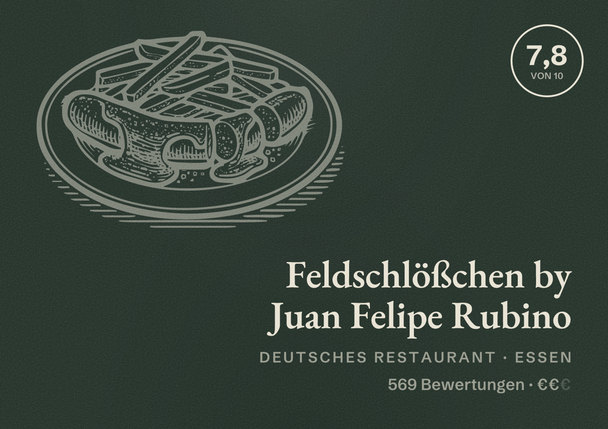 Illustriertes Poster von Feldschlößchen by Juan Felipe Rubino, Deutsches Restaurant in Essen: Bewertung 7,8 von 10 aus 569 Bewertungen, Preisniveau €€