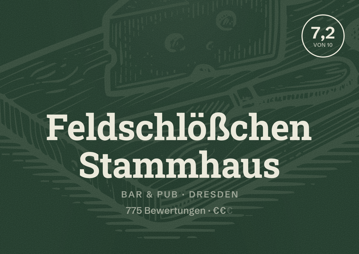Illustriertes Poster von Feldschlößchen Stammhaus, Bar & Pub in Dresden: Bewertung 7,2 von 10 aus 775 Bewertungen, Preisniveau €€