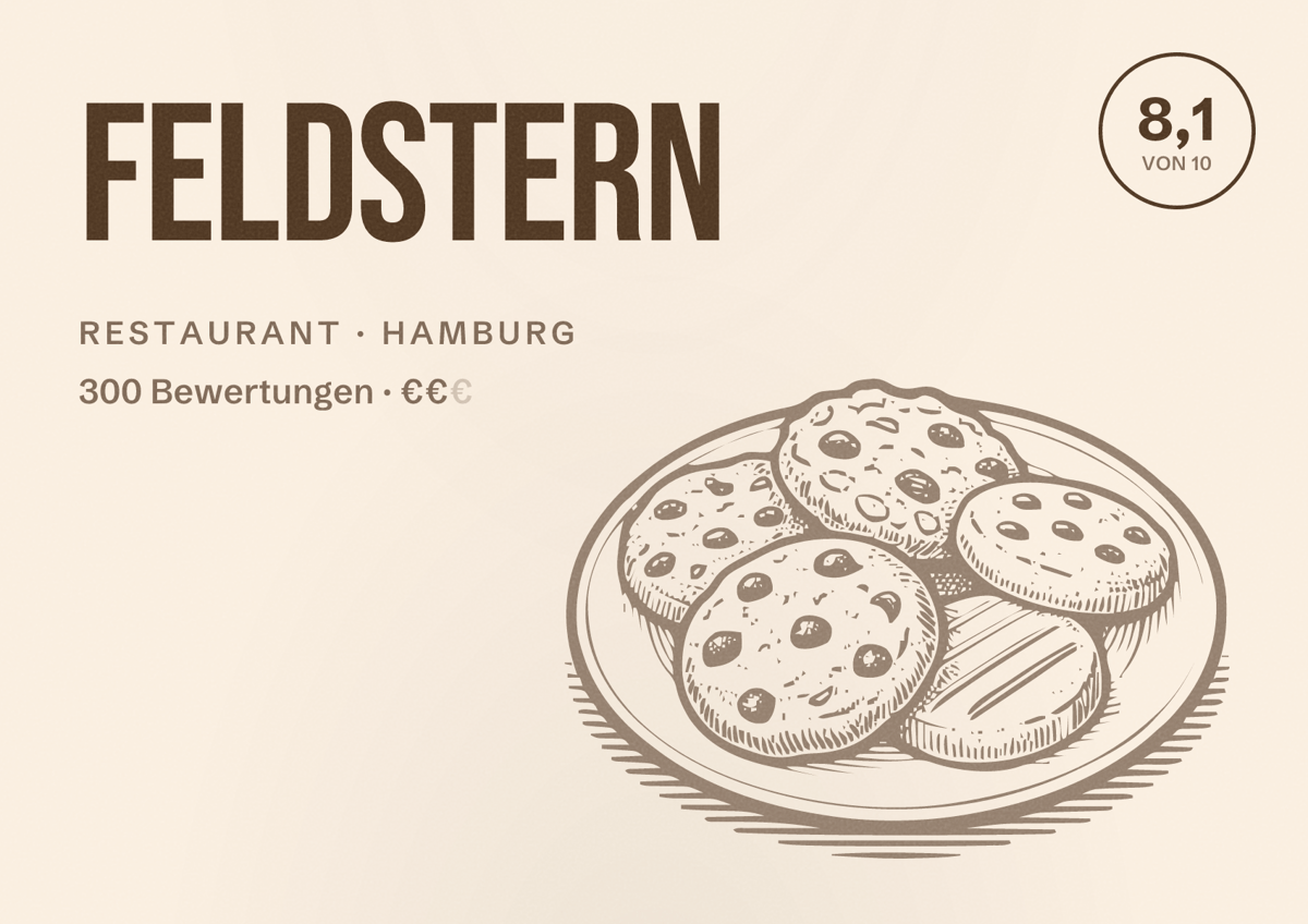 Illustriertes Poster von Feldstern, Restaurant in Hamburg: Bewertung 8,1 von 10 aus 300 Bewertungen, Preisniveau €€