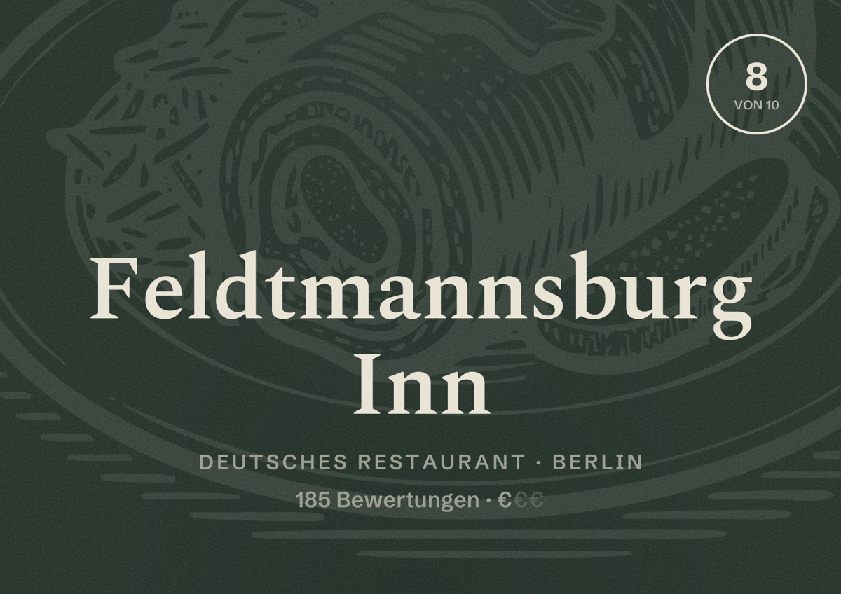 Illustriertes Poster von Feldtmannsburg Inn, Deutsches Restaurant in Berlin: Bewertung 8,0 von 10 aus 185 Bewertungen, Preisniveau €