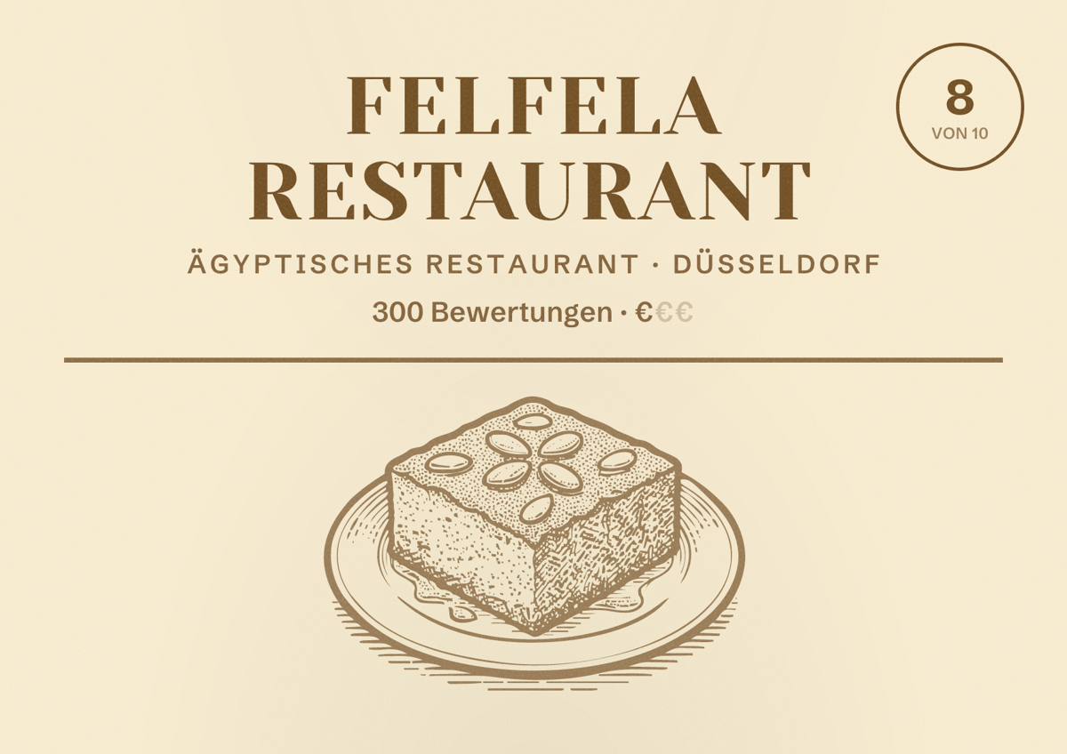 Illustriertes Poster von Felfela Restaurant, Ägyptisches Restaurant in Düsseldorf: Bewertung 8,0 von 10 aus 300 Bewertungen, Preisniveau €