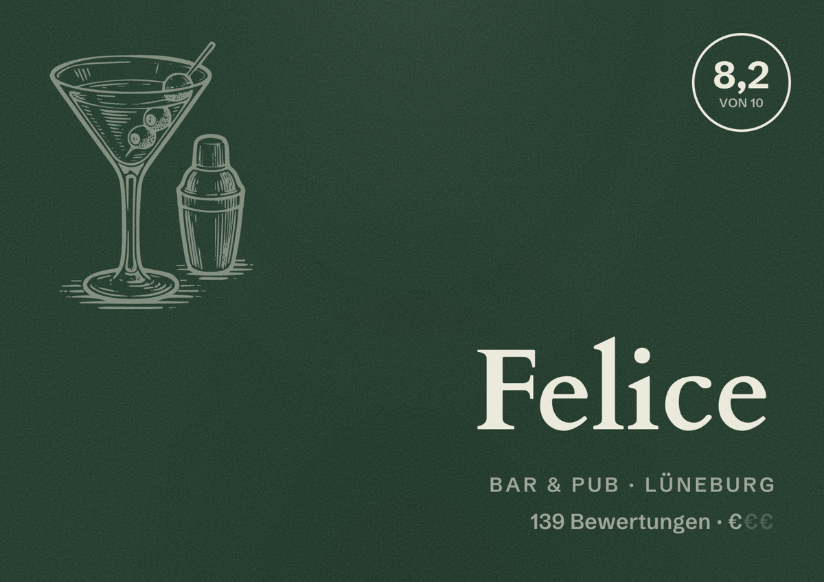 Illustriertes Poster von Felice, Bar & Pub in Lüneburg: Bewertung 8,2 von 10 aus 139 Bewertungen, Preisniveau €