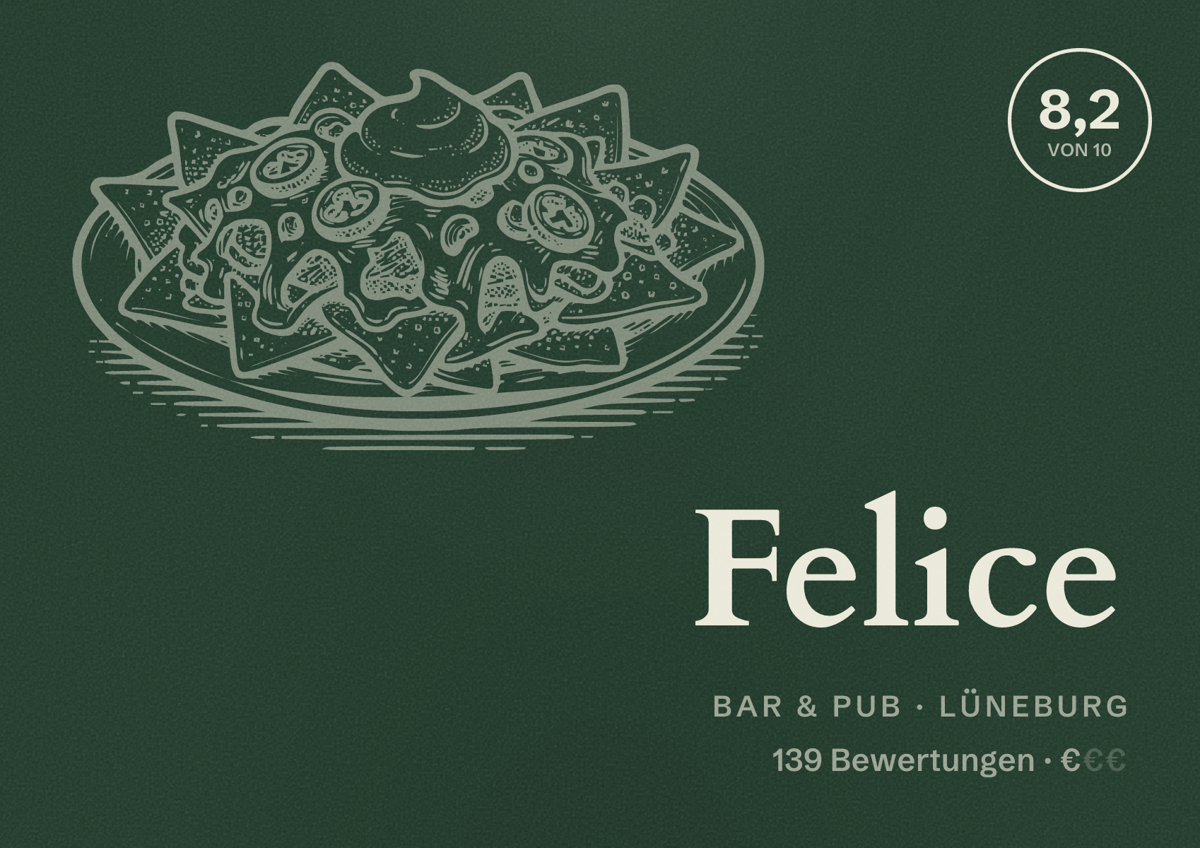 Illustriertes Poster von Felice, Bar & Pub in Lüneburg: Bewertung 8,2 von 10 aus 139 Bewertungen, Preisniveau €