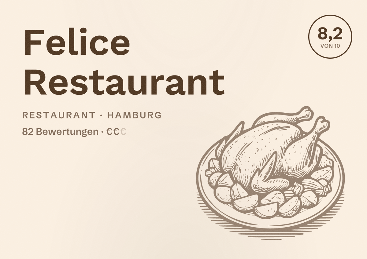 Illustriertes Poster von Felice Restaurant, Restaurant in Hamburg: Bewertung 8,2 von 10 aus 82 Bewertungen, Preisniveau €€