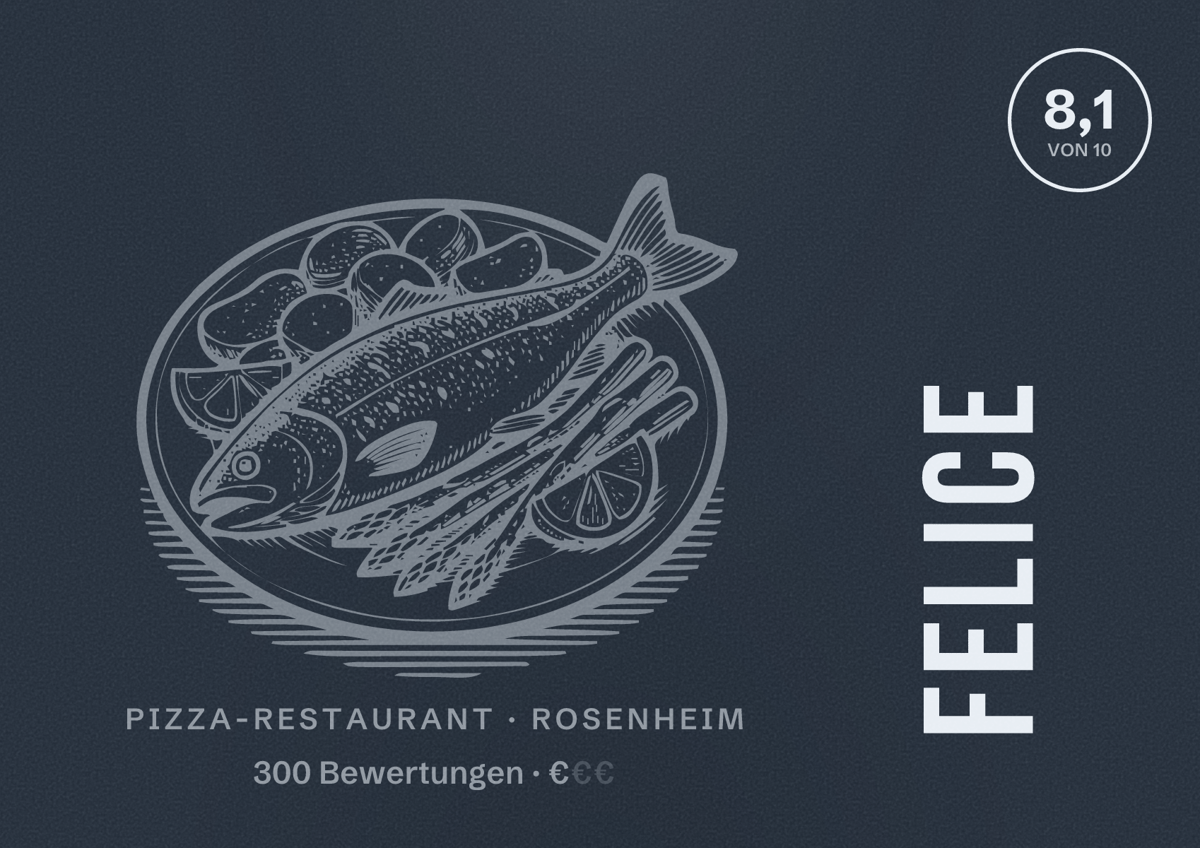 Illustriertes Poster von Felice, Pizza-Restaurant in Rosenheim: Bewertung 8,1 von 10 aus 300 Bewertungen, Preisniveau €