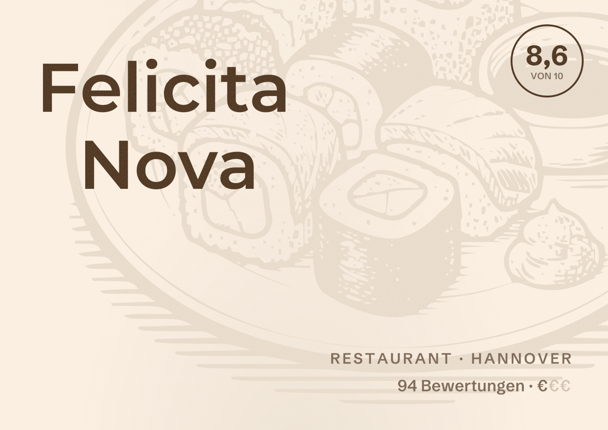 Illustriertes Poster von Felicita Nova, Restaurant in Hannover: Bewertung 8,6 von 10 aus 94 Bewertungen, Preisniveau €