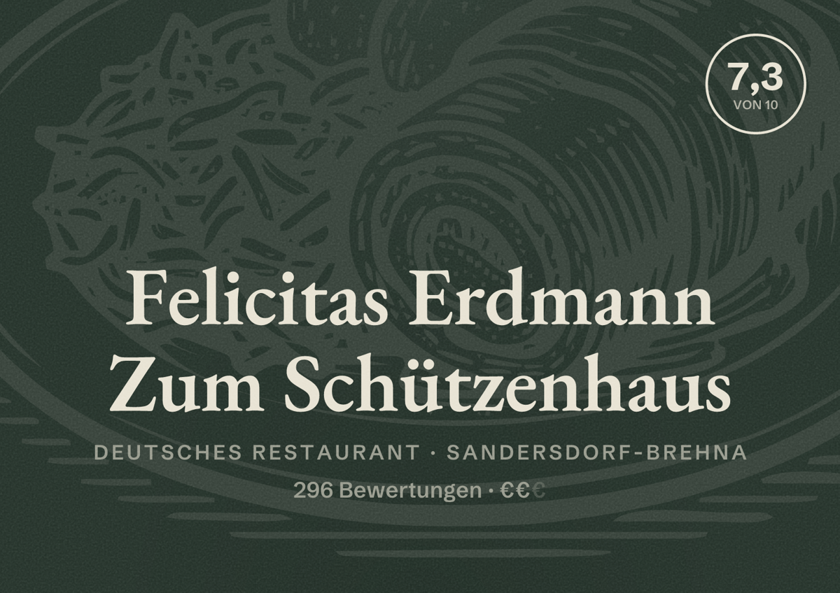 Illustriertes Poster von Felicitas Erdmann Zum Schützenhaus, Deutsches Restaurant in Sandersdorf-Brehna: Bewertung 7,3 von 10 aus 296 Bewertungen, Preisniveau €€