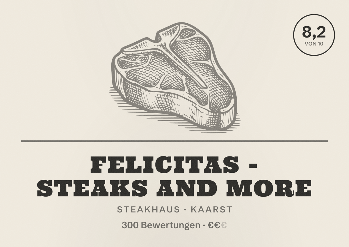 Illustriertes Poster von felicitas - steaks and more, Steakhaus in Kaarst: Bewertung 8,2 von 10 aus 300 Bewertungen, Preisniveau €€