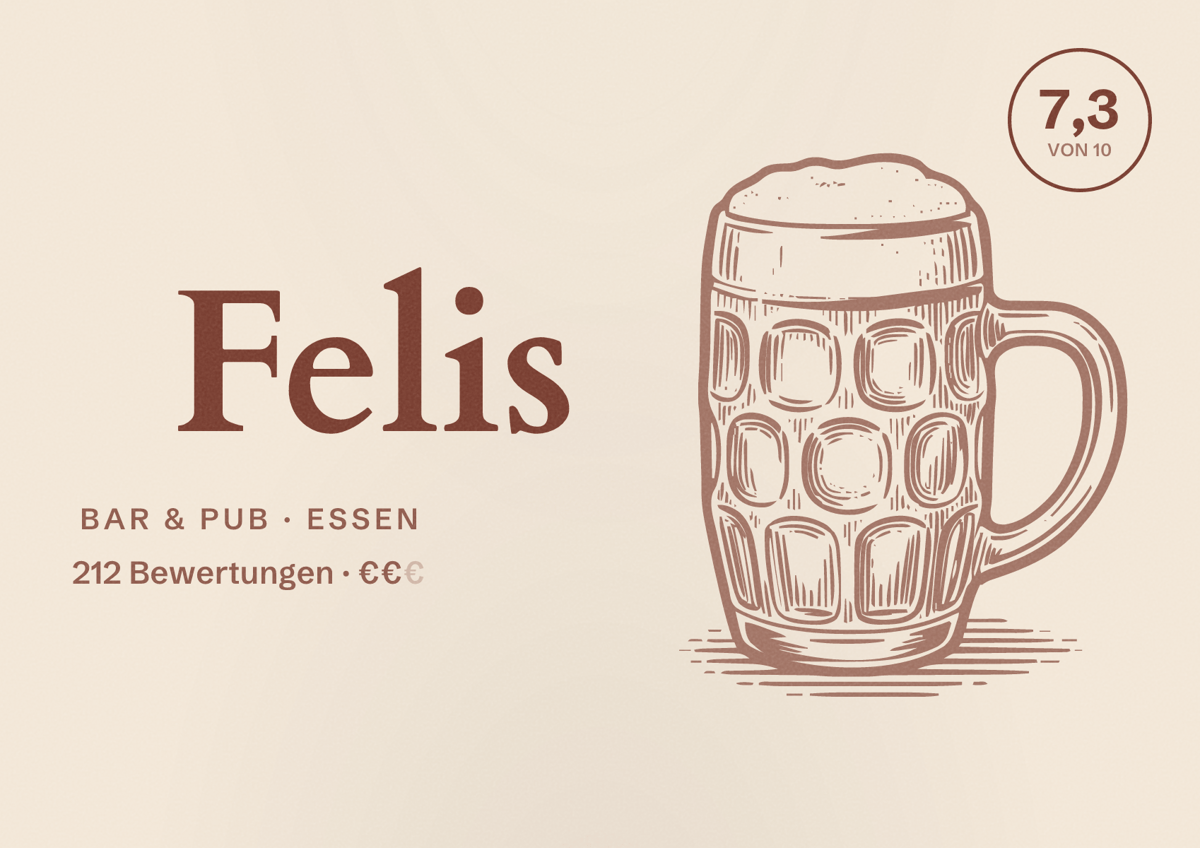 Illustriertes Poster von Felis, Bar & Pub in Essen: Bewertung 7,3 von 10 aus 212 Bewertungen, Preisniveau €€