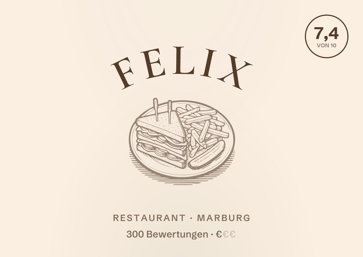 Illustriertes Poster von Felix, Restaurant in Marburg: Bewertung 7,4 von 10 aus 300 Bewertungen, Preisniveau €