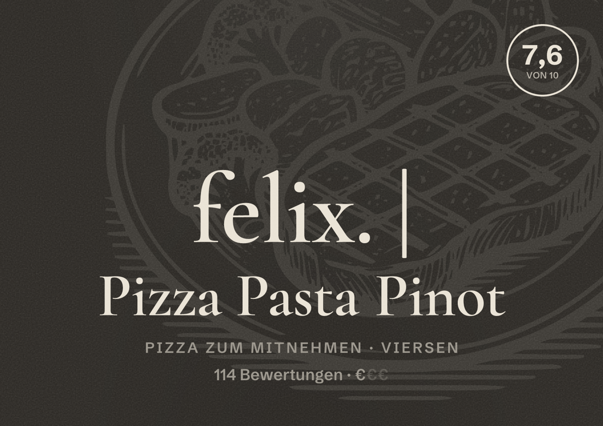Illustriertes Poster von felix. | Pizza Pasta Pinot, Pizza zum Mitnehmen in Viersen: Bewertung 7,6 von 10 aus 114 Bewertungen, Preisniveau €