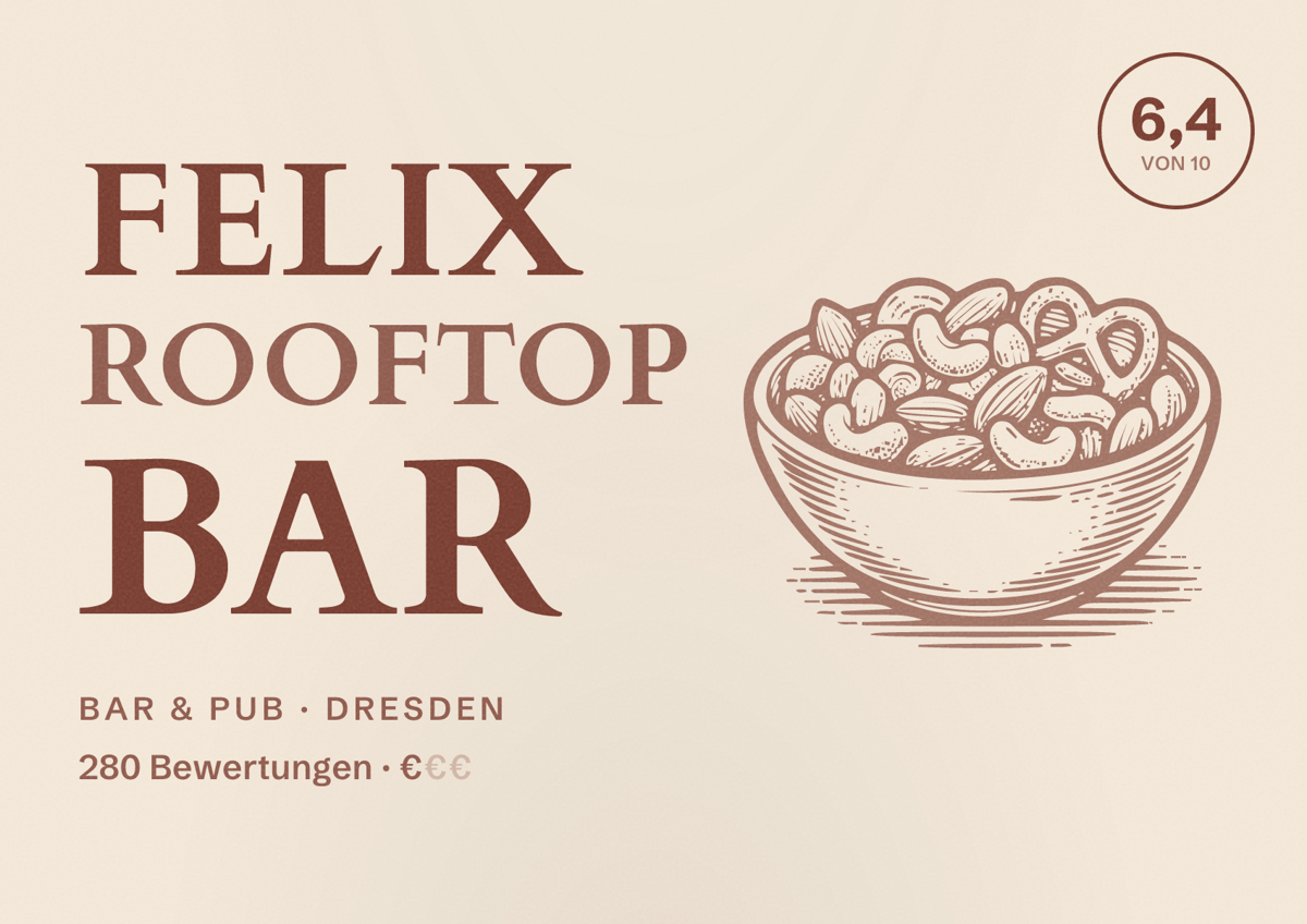 Illustriertes Poster von Felix Rooftop Bar, Bar & Pub in Dresden: Bewertung 6,4 von 10 aus 280 Bewertungen, Preisniveau €
