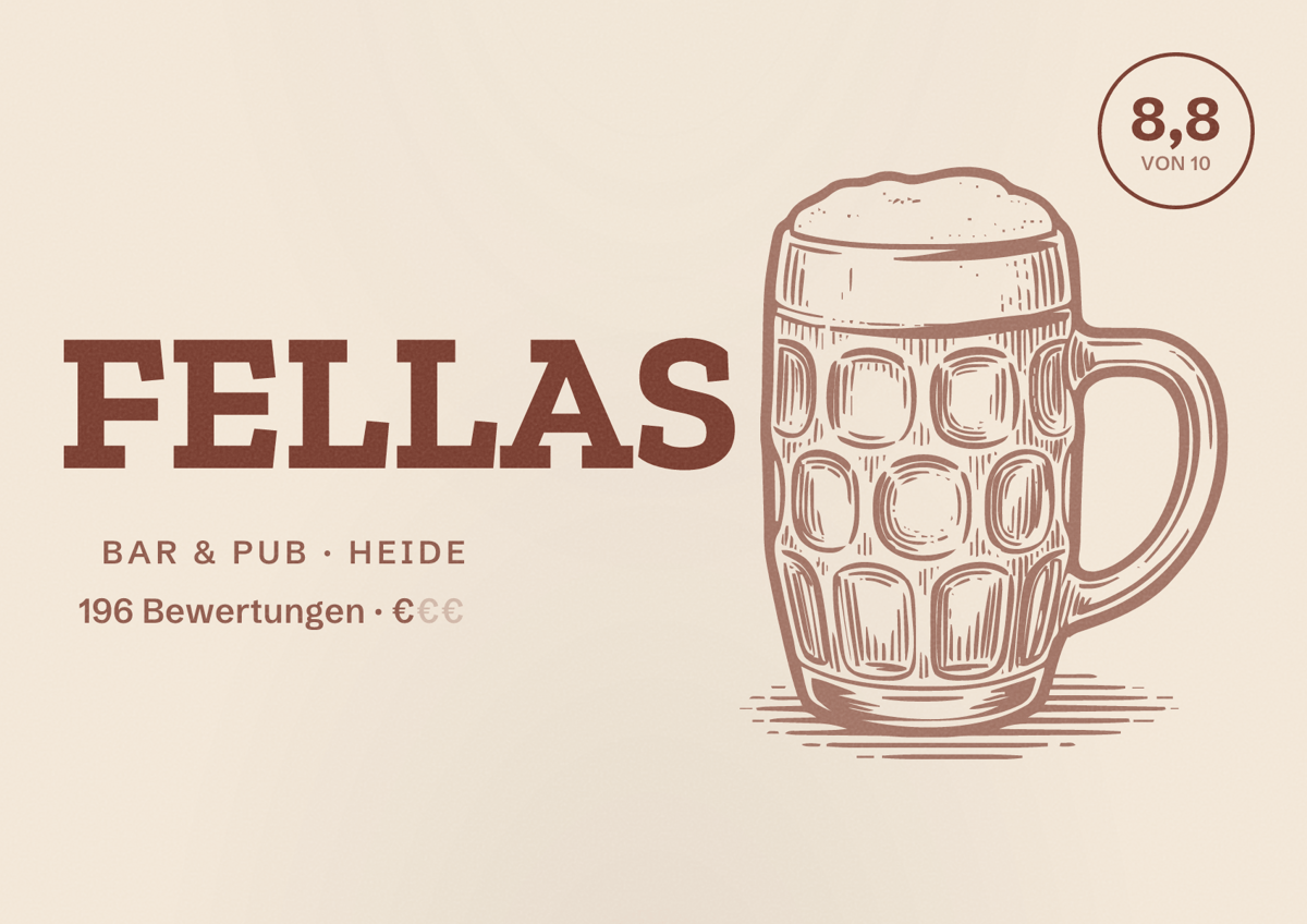 Illustriertes Poster von FELLAS, Bar & Pub in Heide: Bewertung 8,8 von 10 aus 196 Bewertungen, Preisniveau €
