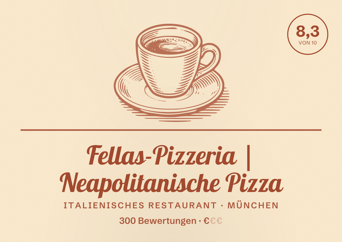 Illustriertes Poster von Fellas-Pizzeria | Neapolitanische Pizza, Italienisches Restaurant in München: Bewertung 8,3 von 10 aus 300 Bewertungen, Preisniveau €