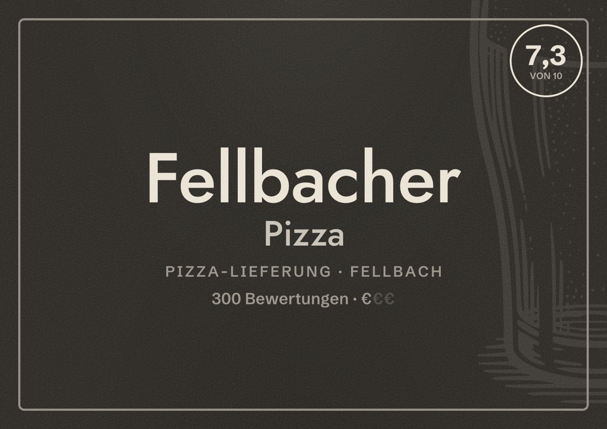 Illustriertes Poster von Fellbacher Pizza, Pizza-Lieferung in Fellbach: Bewertung 7,3 von 10 aus 300 Bewertungen, Preisniveau €