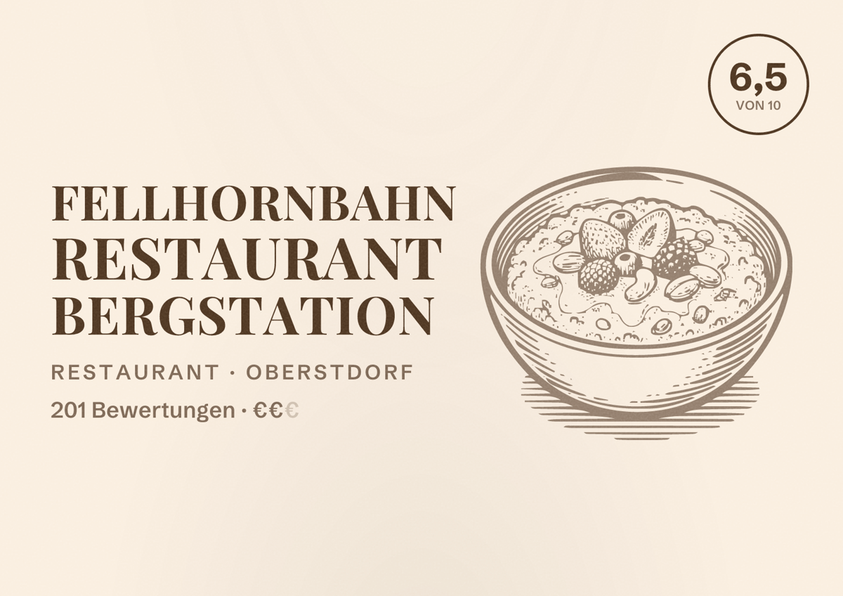Illustriertes Poster von Fellhornbahn Restaurant Bergstation, Restaurant in Oberstdorf: Bewertung 6,5 von 10 aus 201 Bewertungen, Preisniveau €€