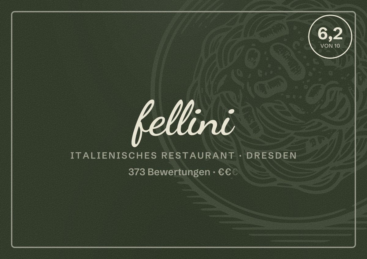 Illustriertes Poster von fellini, Italienisches Restaurant in Dresden: Bewertung 6,2 von 10 aus 373 Bewertungen, Preisniveau €€