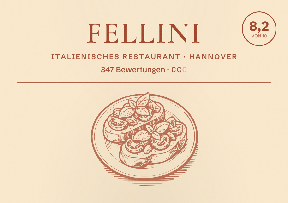 Illustriertes Poster von Fellini, Italienisches Restaurant in Hannover: Bewertung 8,2 von 10 aus 347 Bewertungen, Preisniveau €€