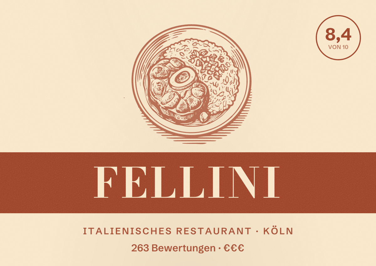 Illustriertes Poster von Fellini, Italienisches Restaurant in Köln: Bewertung 8,4 von 10 aus 263 Bewertungen, Preisniveau €€€