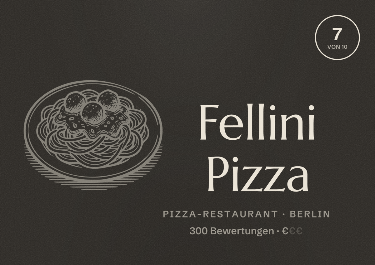 Illustriertes Poster von Fellini Pizza, Pizza-Restaurant in Berlin: Bewertung 7,0 von 10 aus 300 Bewertungen, Preisniveau €