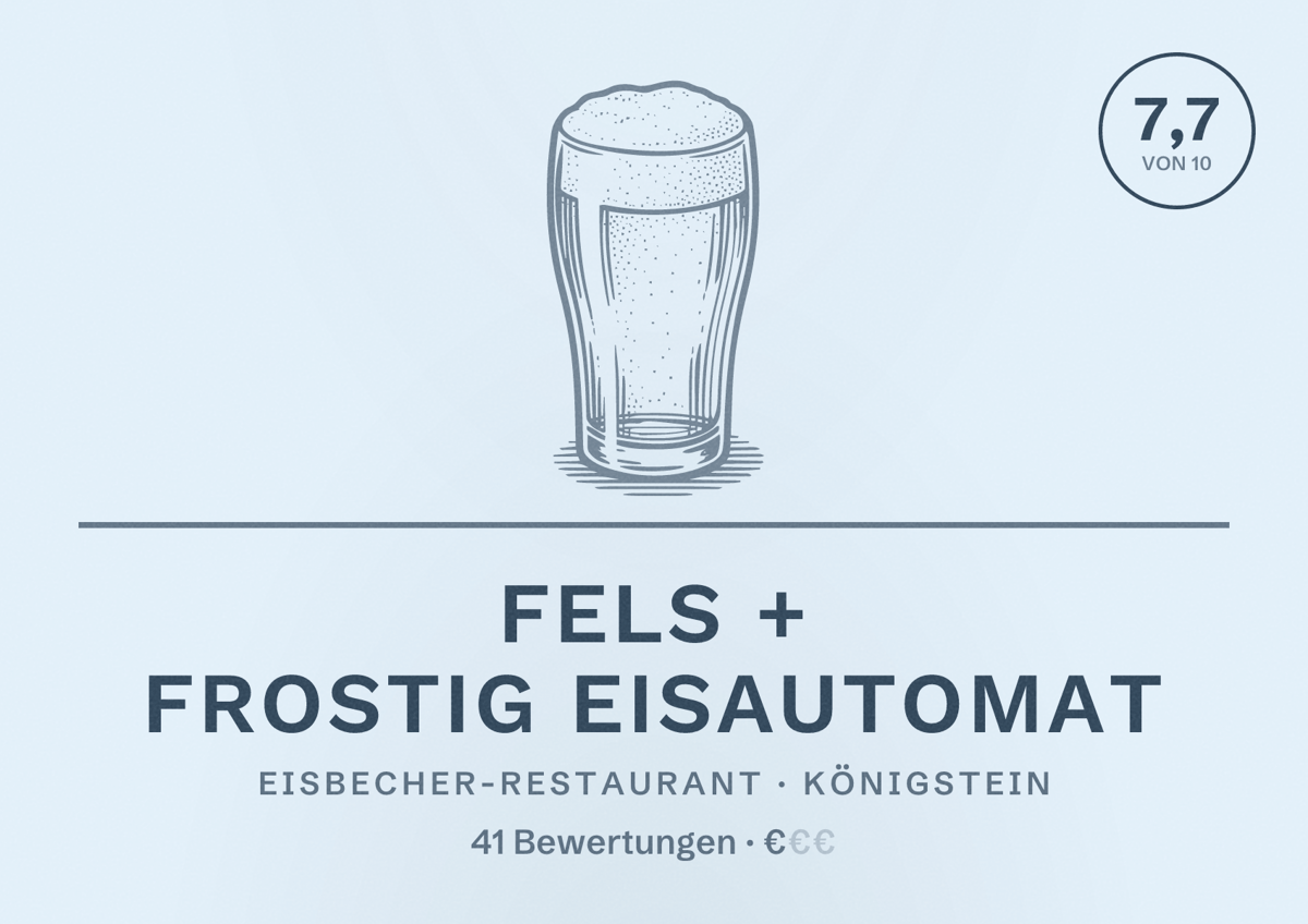Illustriertes Poster von Fels + Frostig Eisautomat, Eisbecher-Restaurant in Königstein: Bewertung 7,7 von 10 aus 41 Bewertungen, Preisniveau €