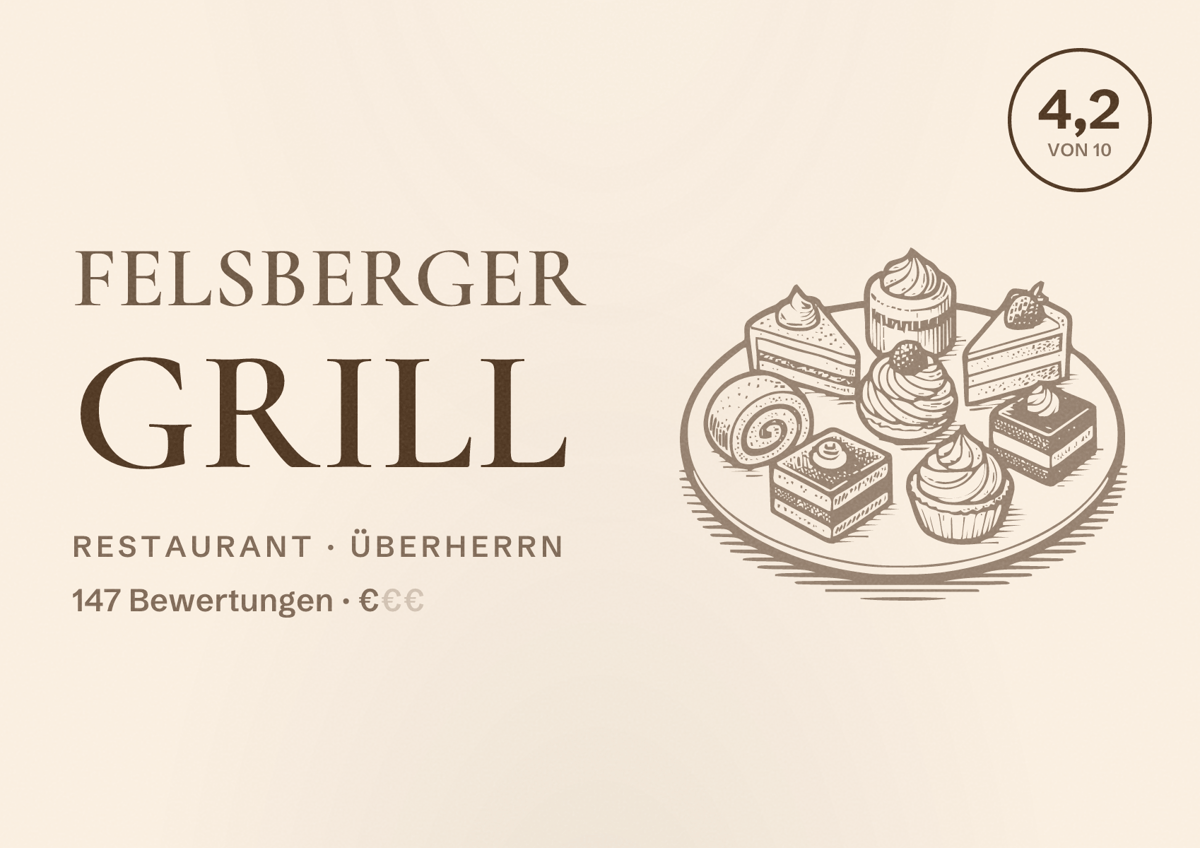 Illustriertes Poster von Felsberger Grill, Restaurant in Überherrn: Bewertung 4,2 von 10 aus 147 Bewertungen, Preisniveau €